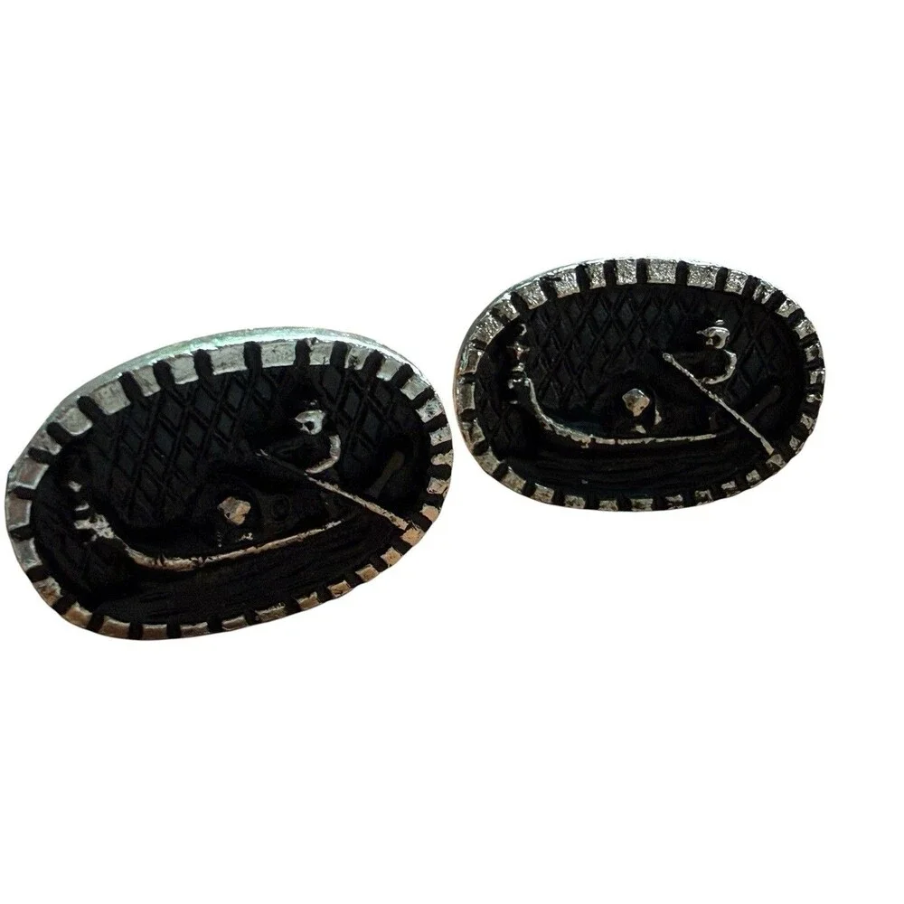 Vintage Gondola Cufflinks Tie Clip Set Black Silver Tone Venetian